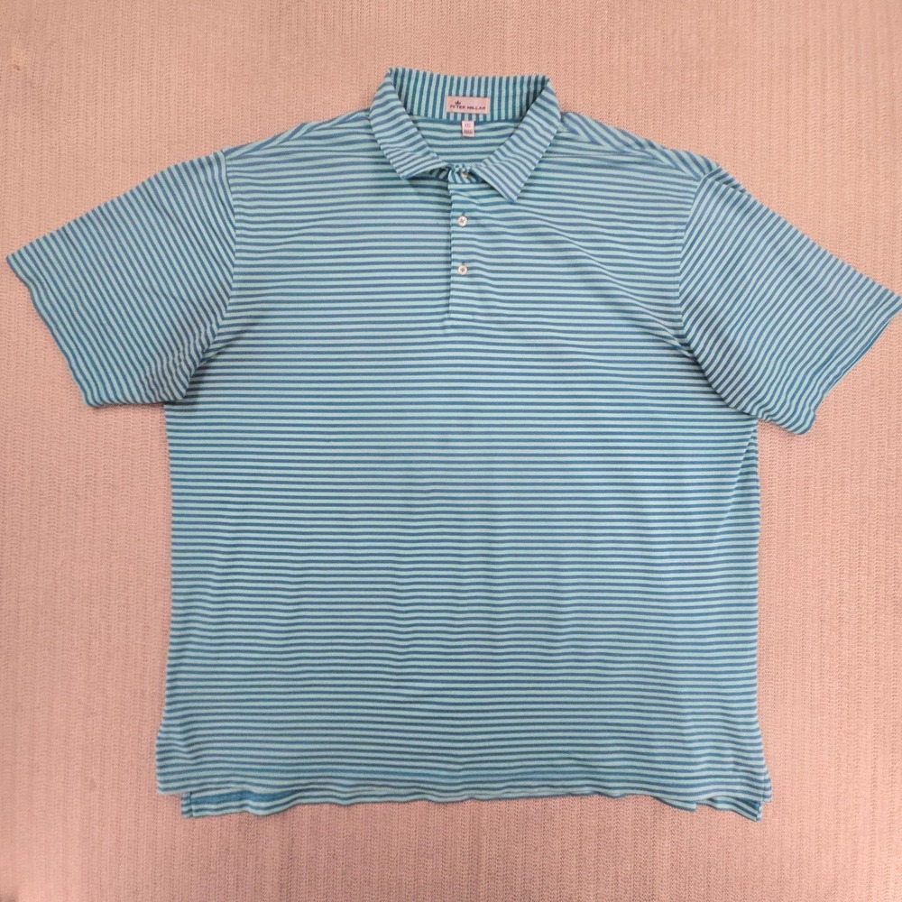 Peter Millar Polo Shirt Mens 2XL Blue Green Striped Golf Short Sleeve